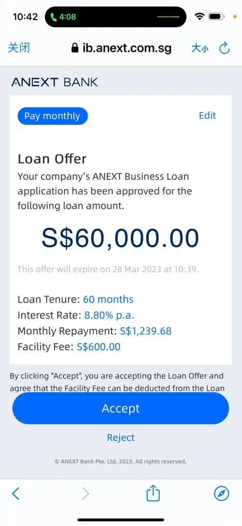 Bank loan approval for S$60,000